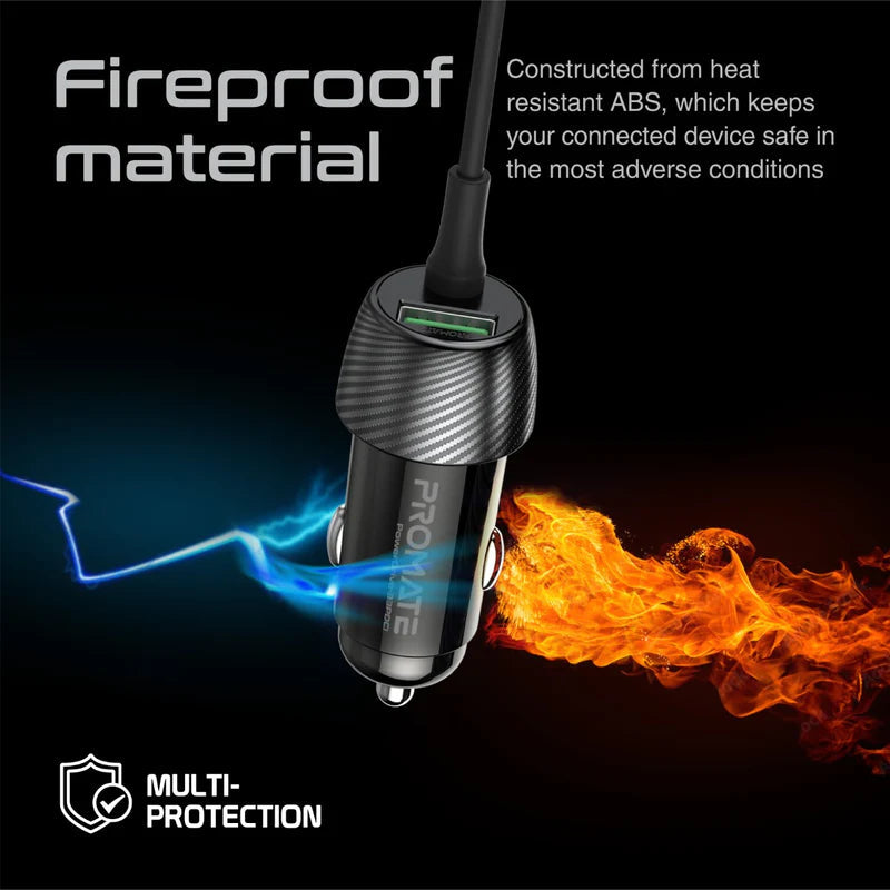 Promate 33W Car Charger with Lightning Connector & USB-C Cable Promate