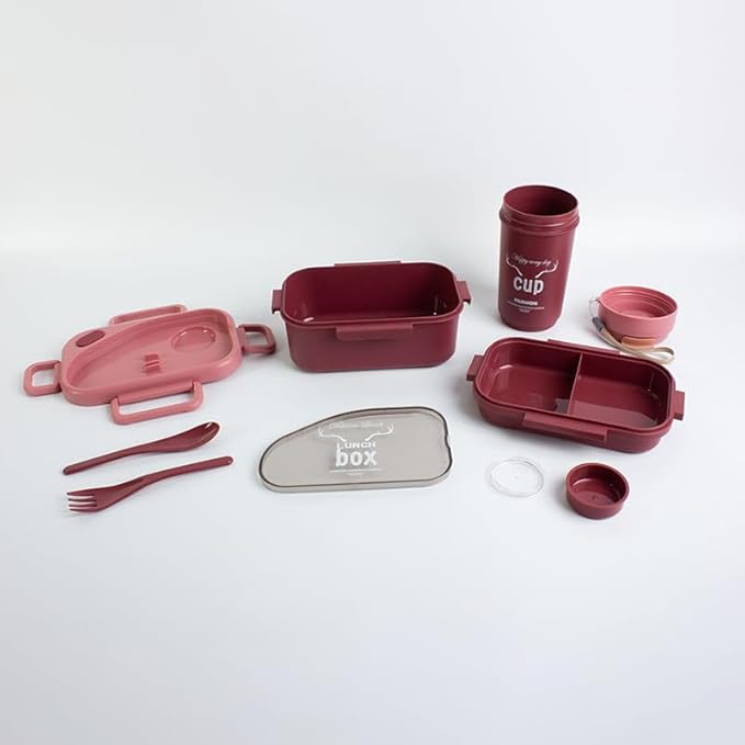 Kids Sports Lunch Box and Water Bottle Combo Set, BPA Free, Leakproof Food Grade PP with Chutney Box, Spoon, Fork, and Dividers - Durable and Portable 1120ml + 70ml for School & Travel (Pink)