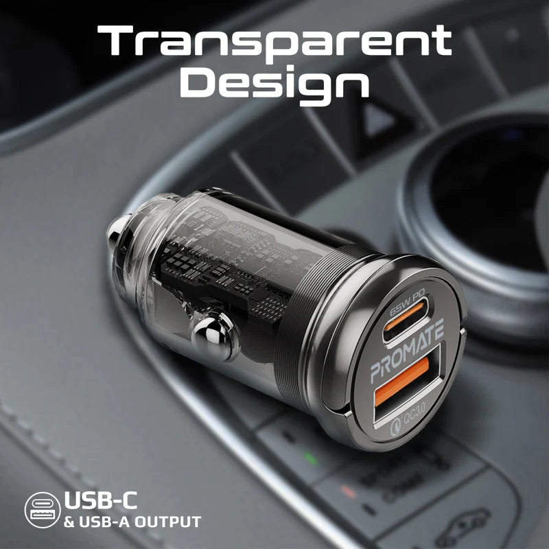 Promate 65W RapidCharge™ Transparent Mini Car Charger with Power Delivery & QC 3.0 Promate