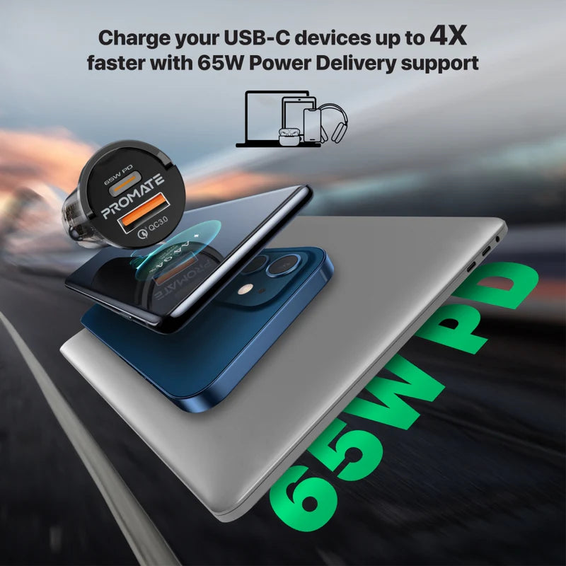 Promate 65W RapidCharge™ Transparent Mini Car Charger with Power Delivery & QC 3.0 Promate