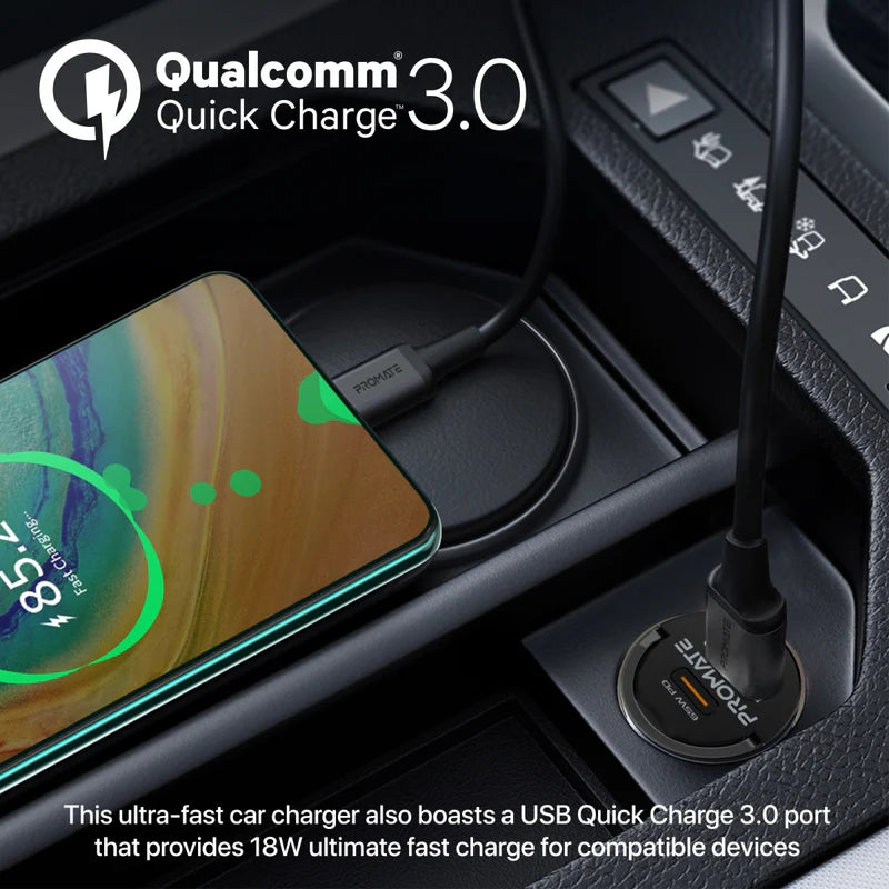Promate 65W RapidCharge™ Transparent Mini Car Charger with Power Delivery & QC 3.0 Promate