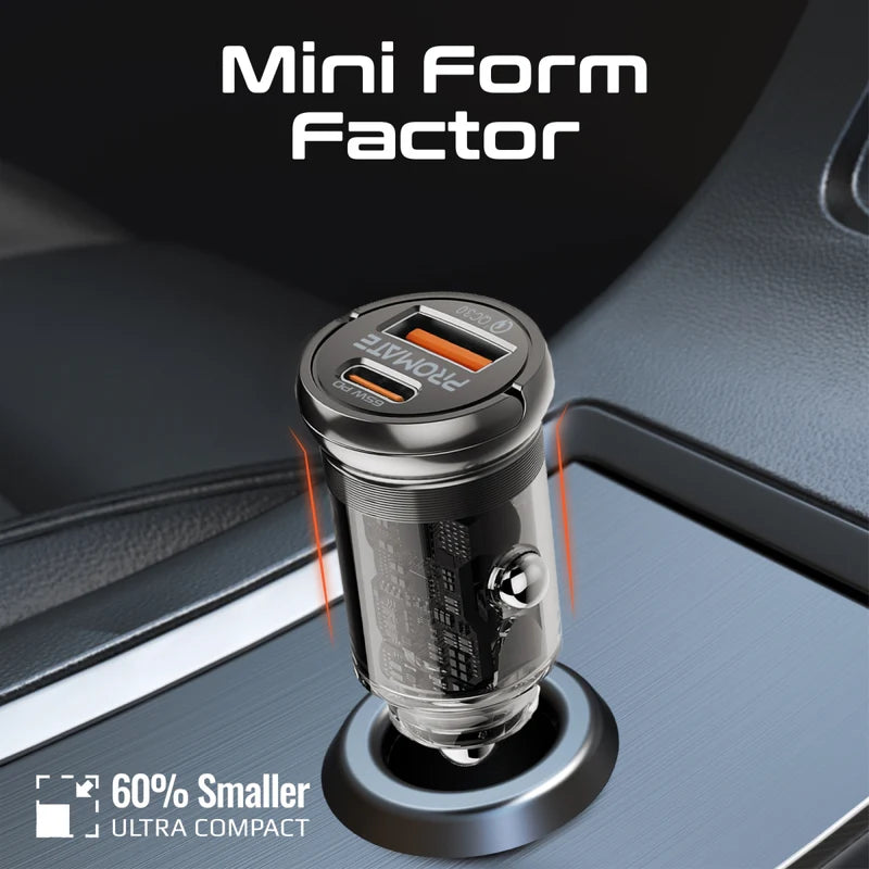 Promate 65W RapidCharge™ Transparent Mini Car Charger with Power Delivery & QC 3.0 Promate