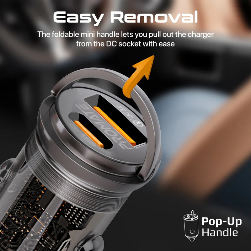 Promate 65W RapidCharge™ Transparent Mini Car Charger with Power Delivery & QC 3.0 Promate