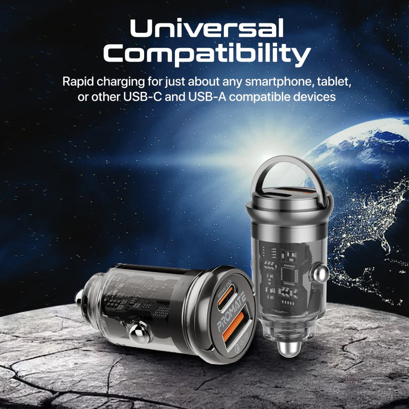 Promate 65W RapidCharge™ Transparent Mini Car Charger with Power Delivery & QC 3.0 Promate