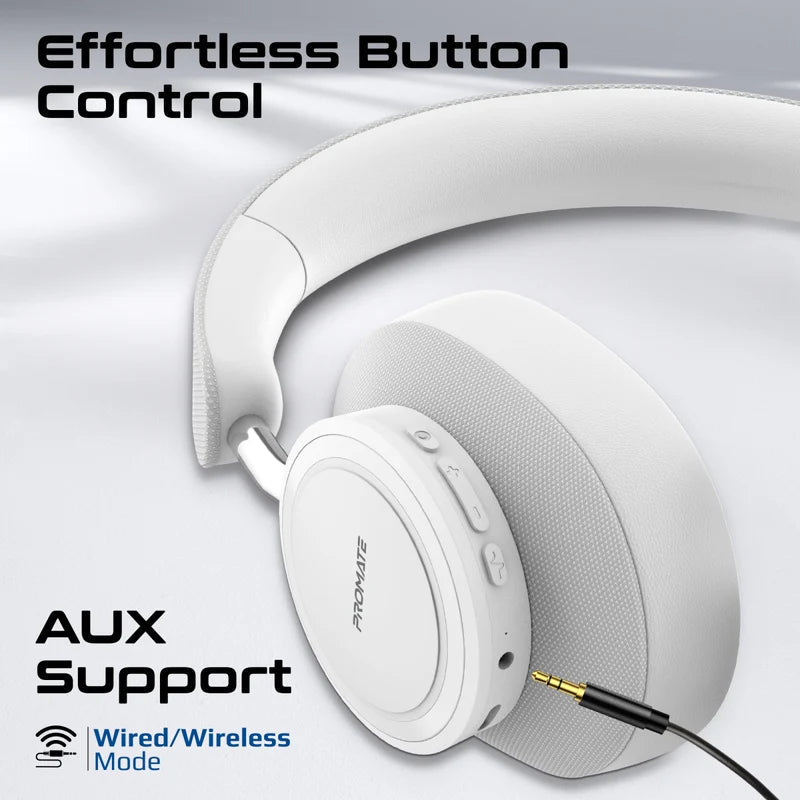 Promate High Fidelity Over-Ear Stereo Wireless Headphones (White) Promate