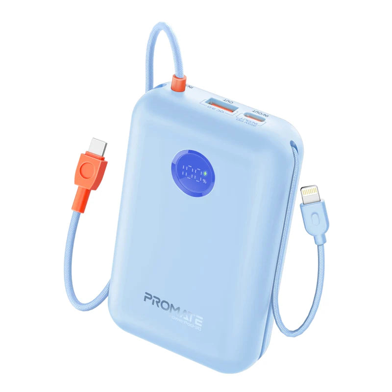 Promate 30000mAh Compact Power Bank with Built-In USB-C & Lightning Cable Promate