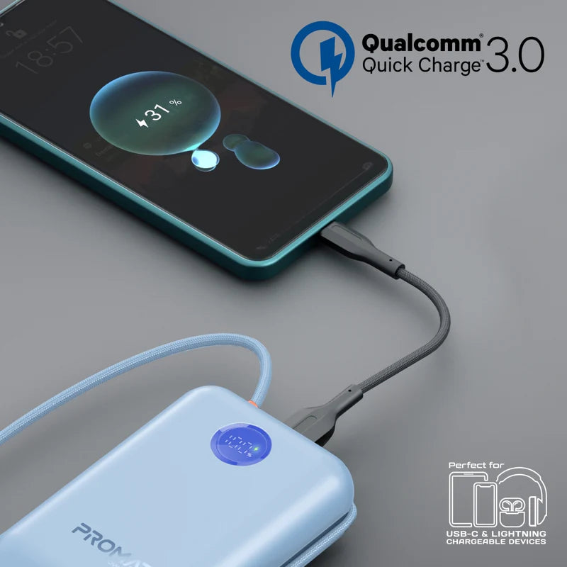 Promate 30000mAh Compact Power Bank with Built-In USB-C & Lightning Cable Promate