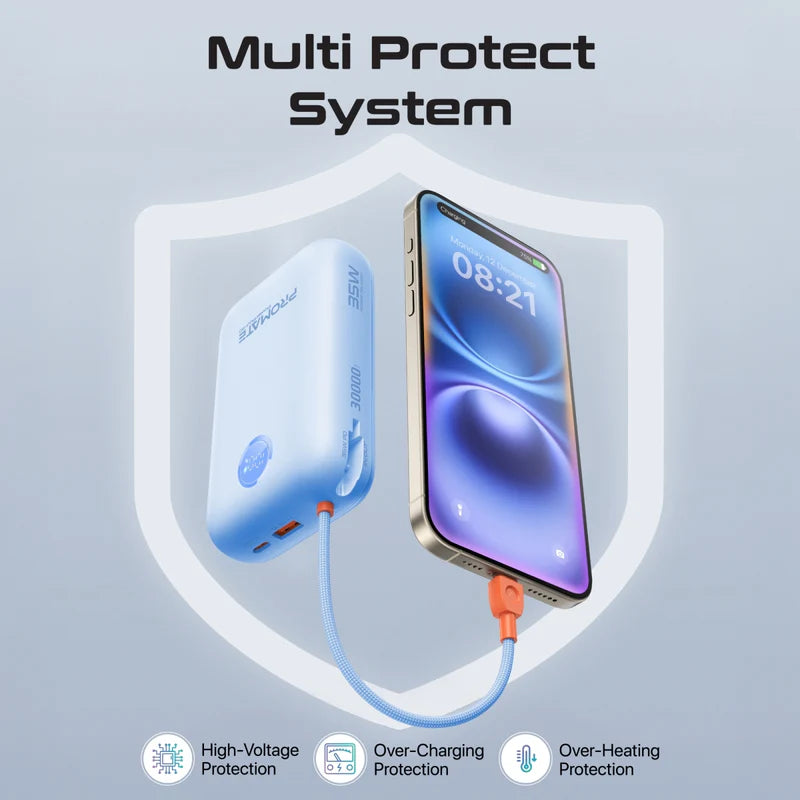 Promate 30000mAh Compact Power Bank with Built-In USB-C & Lightning Cable Promate