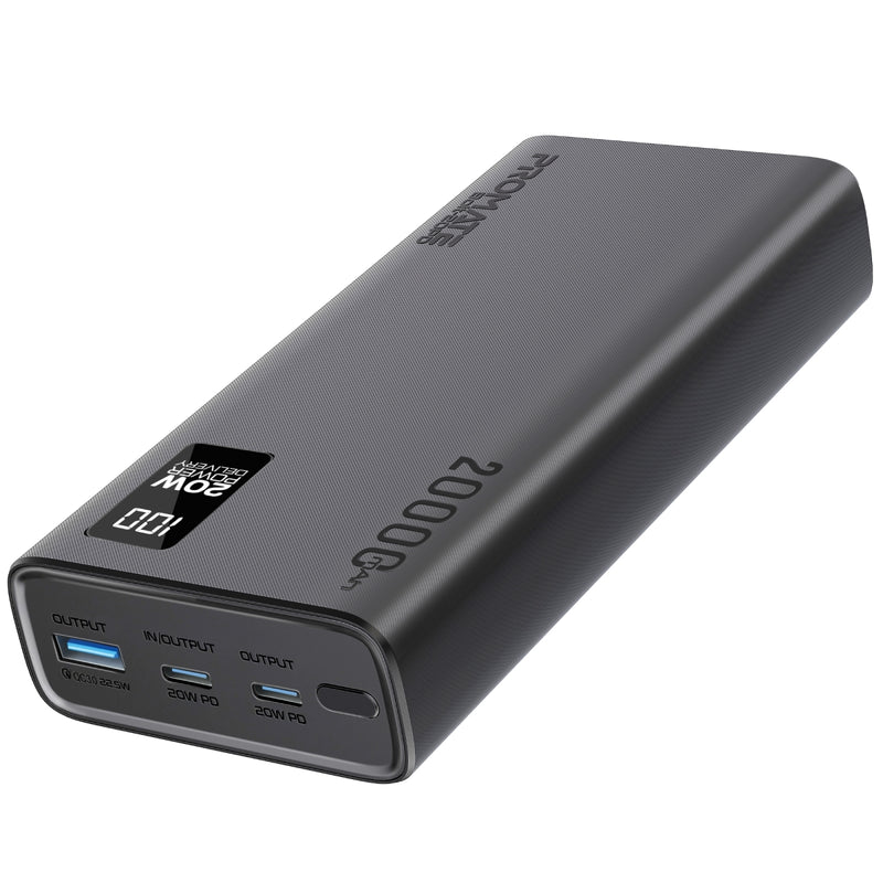 Promate Compact Smart Charging Power Bank with 20W PD Dual USB-C and 22.5W USB-A Ports Promate