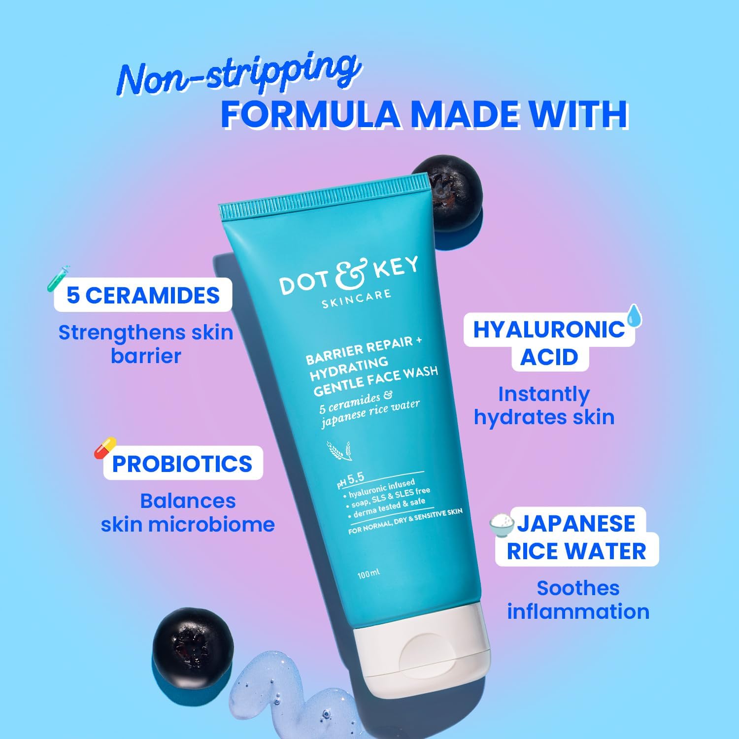DOT & KEY Barrier Repair + Hydrating Gentle Face Wash With Probiotic| Ceremide Face Wash | Face Wash For Dry Skin,Normal Skin&Sensitive Skin | Gently Cleanses Skin From Dirt & Oil For Unisex,175ML DOT & KEY