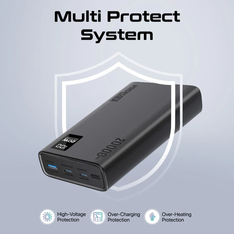 Promate Compact Smart Charging Power Bank with 20W PD Dual USB-C and 22.5W USB-A Ports Promate