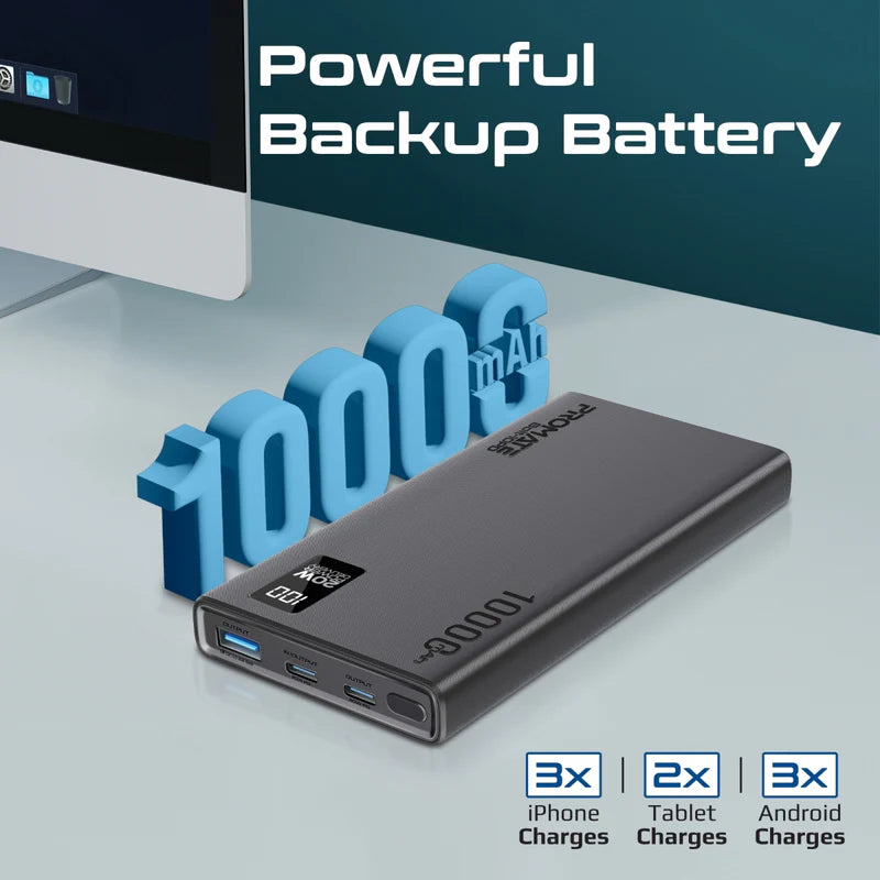 Promate Compact Smart Charging Power Bank with 20W PD Dual USB-C and 22.5W USB-A Ports Promate