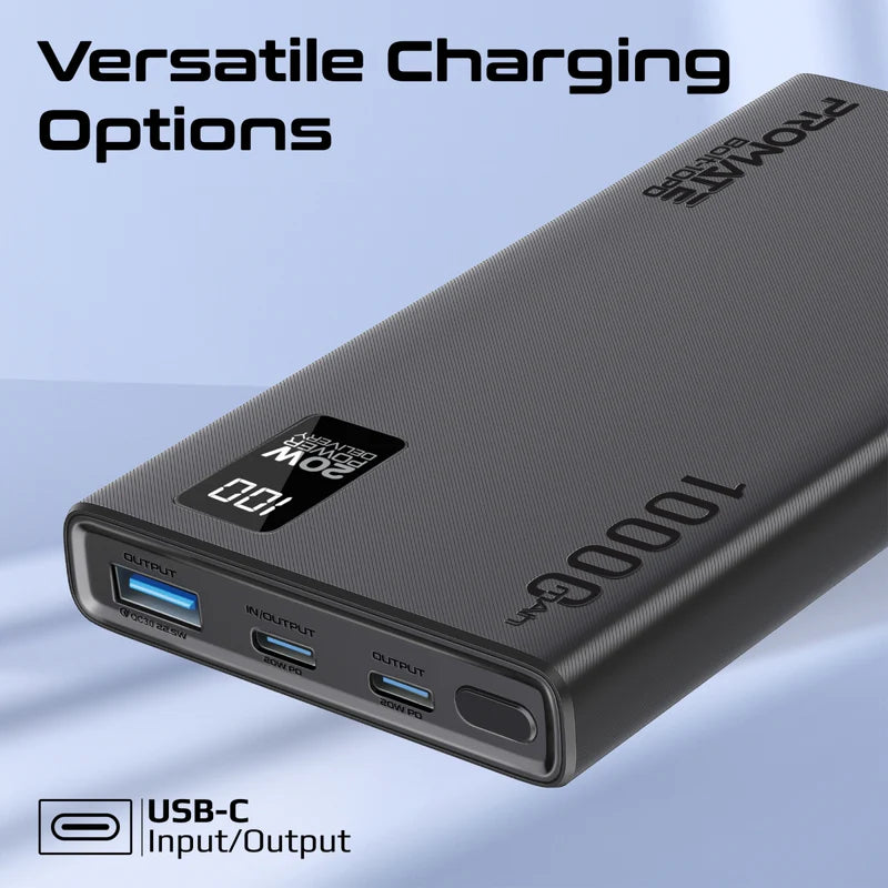 Promate Compact Smart Charging Power Bank with 20W PD Dual USB-C and 22.5W USB-A Ports Promate