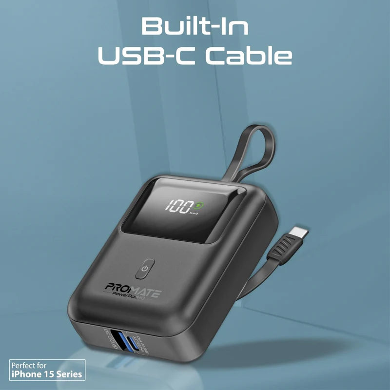 Promate Ultra Compact 35W SuperSpeed™ Power Bank with Built-In USB-C Cable Promate