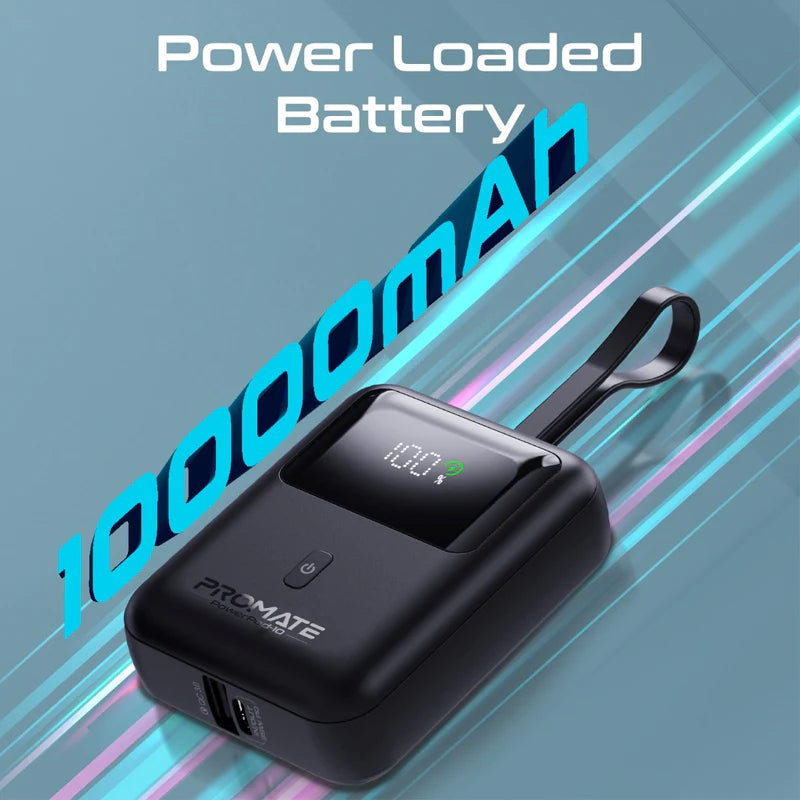 Promate Ultra Compact 35W SuperSpeed™ Power Bank with Built-In USB-C Cable Promate
