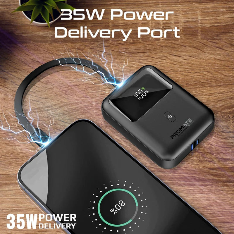 Promate Ultra Compact 35W SuperSpeed™ Power Bank with Built-In USB-C Cable Promate