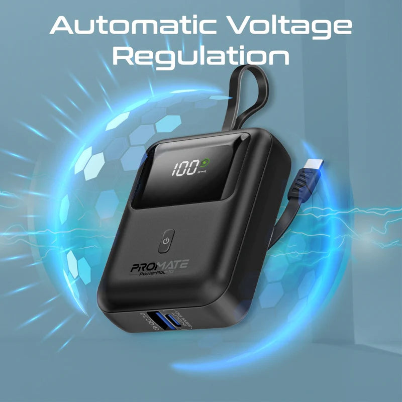 Promate Ultra Compact 35W SuperSpeed™ Power Bank with Built-In USB-C Cable Promate
