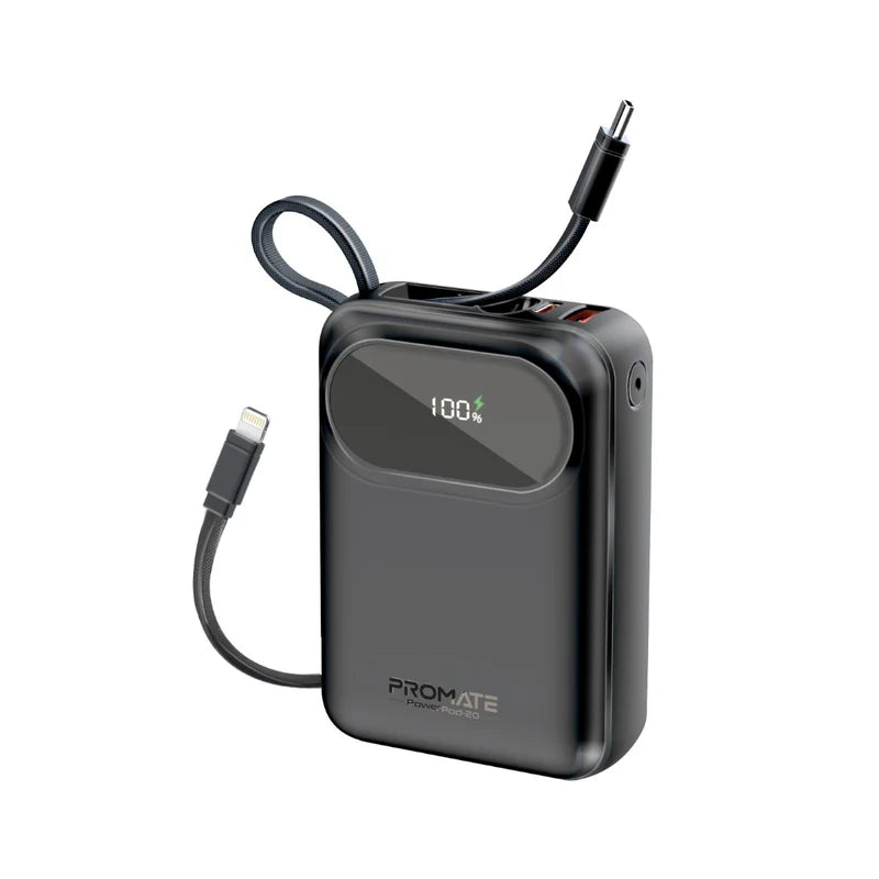 Promate Ultra Compact 35W SuperSpeed™ Power Bank with Built-In USB-C & Lightning Cable Promate
