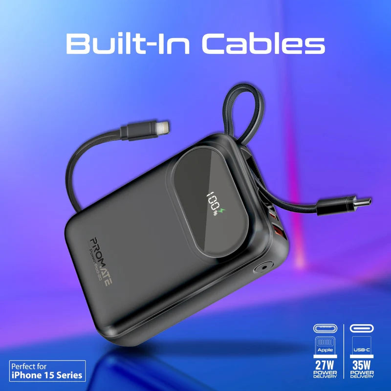 Promate Ultra Compact 35W SuperSpeed™ Power Bank with Built-In USB-C & Lightning Cable Promate
