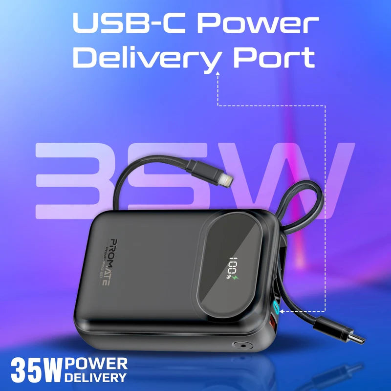 Promate Ultra Compact 35W SuperSpeed™ Power Bank with Built-In USB-C & Lightning Cable Promate