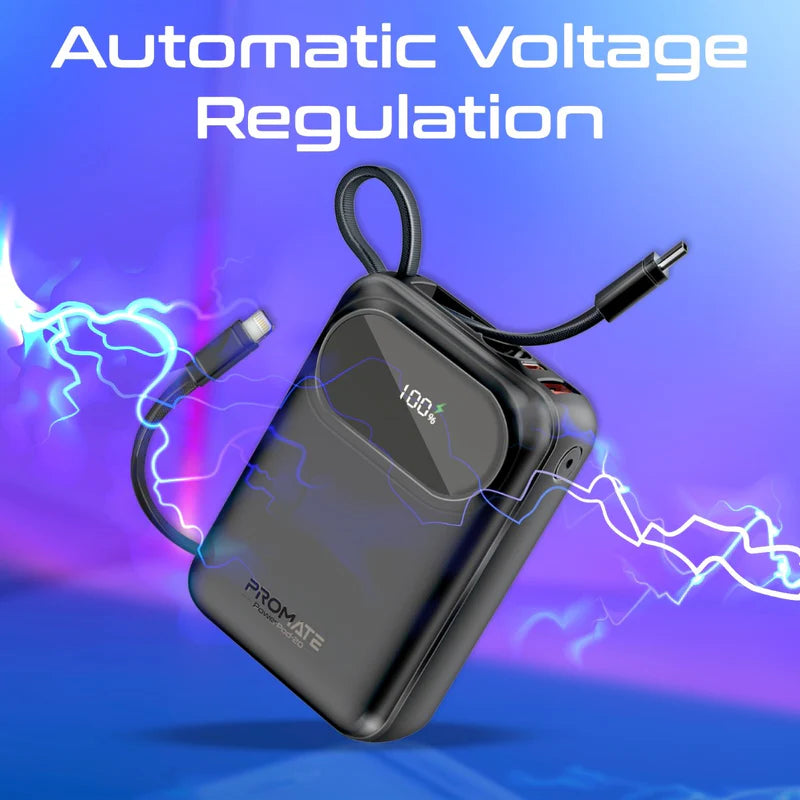 Promate Ultra Compact 35W SuperSpeed™ Power Bank with Built-In USB-C & Lightning Cable Promate