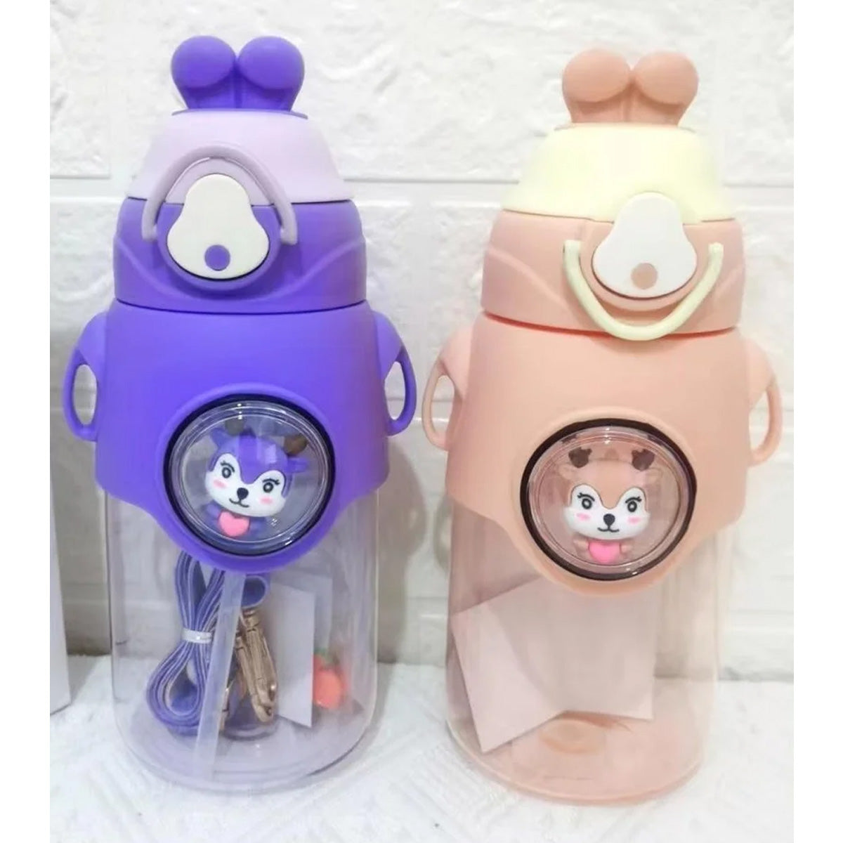 Mobcos Cute Rabbit Cartoon Kids Water Bottle with Straw and Adjustable Strap Food Grade Tritan One-Click Open Portable Leak Proof Insulated BPA Free For Kids Girls School Travel 500ml MOBCOS