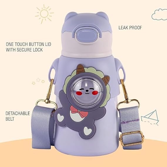 MOBCOS Cute Teddys Water Bottle with Straw, Stainless Steel Drinking Bottle with Straps Reusable Metal Water Bottle Leak Proof Vacuum Insulated Water Bottles for Girls and Boys Keep Hot and Cold (Purple)