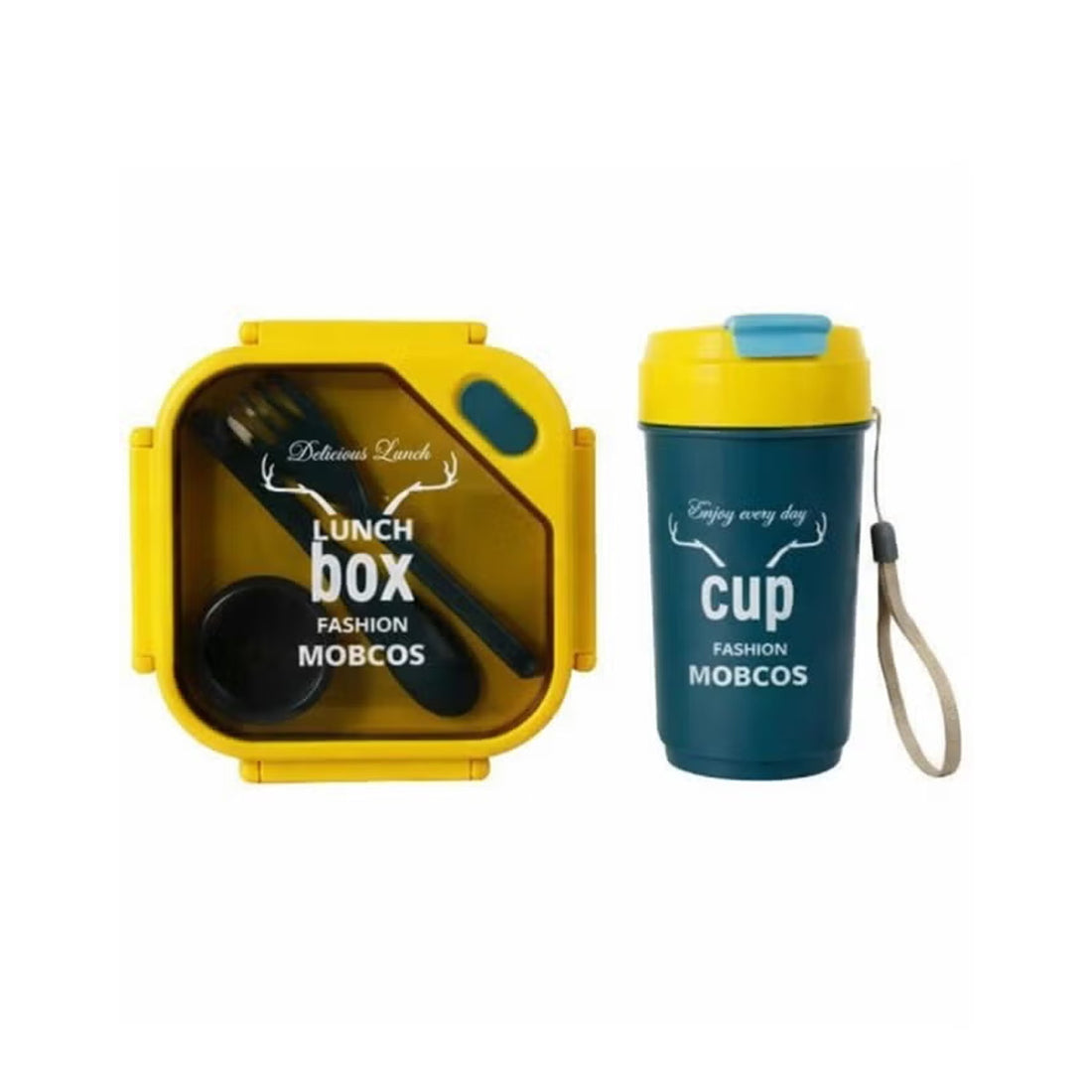 Kids Sports Lunch Box and Water Bottle Combo Set, BPA Free, Leakproof Food Grade PP with Chutney Box, Spoon, Fork, and Dividers - Durable and Portable 1120ml + 70ml for School & Travel (Yellow) MOBCOS
