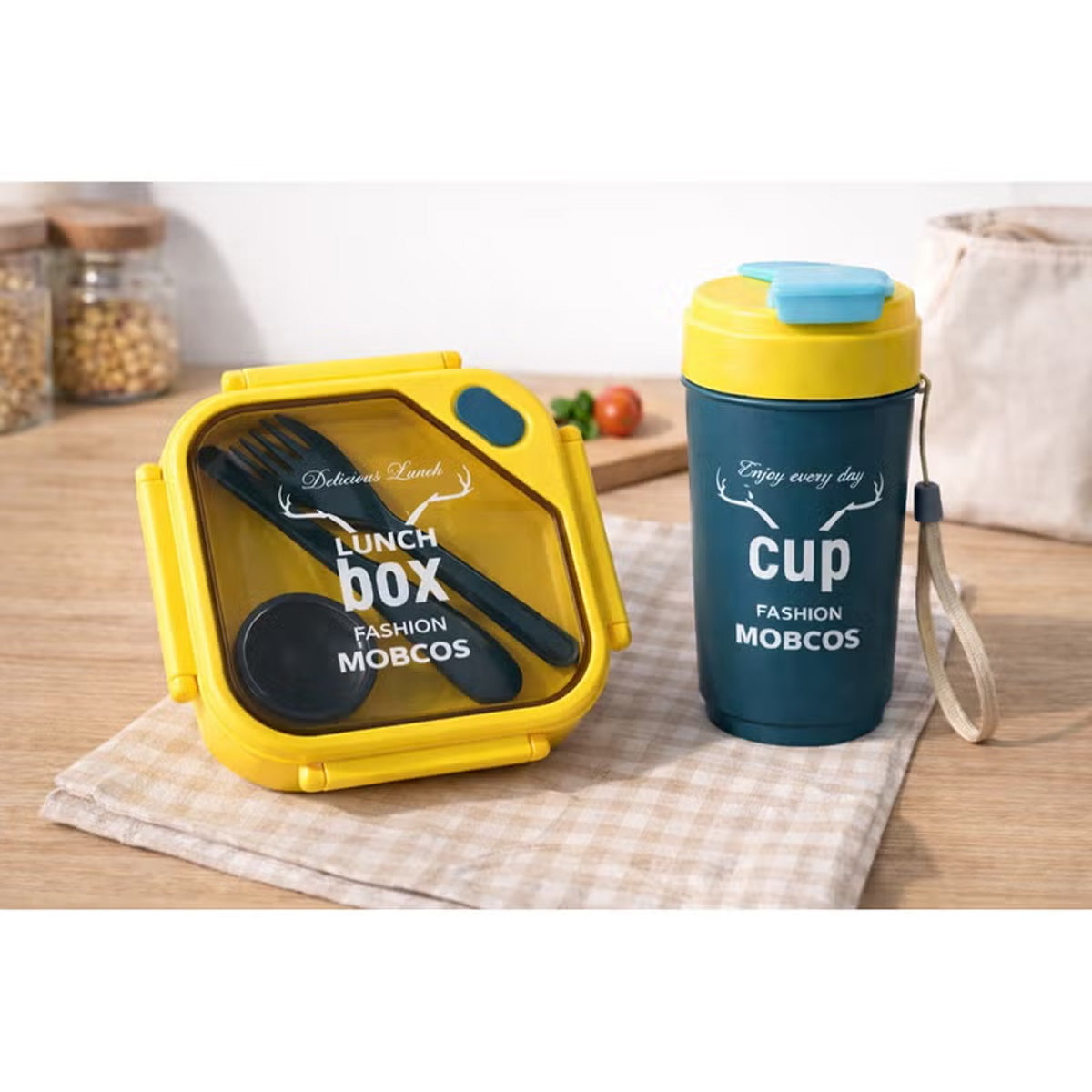 Kids Sports Lunch Box and Water Bottle Combo Set, BPA Free, Leakproof Food Grade PP with Chutney Box, Spoon, Fork, and Dividers - Durable and Portable 1120ml + 70ml for School & Travel (Yellow) MOBCOS