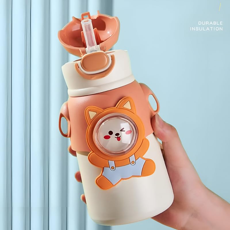 MOBCOS Cute Teddys Water Bottle with Straw, Stainless Steel Drinking Bottle with Straps Reusable Metal Water Bottle Leak Proof Vacuum Insulated Water Bottles for Girls and Boys Keep Hot and Cold (Orange)