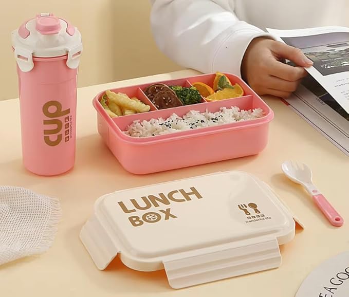 Big Capacity 4 Compartment Leakproof Tiffin Food Container Microwave Safe Bpa Free Kids And Adults Water Bottle and Lunch Box Set (Pink)