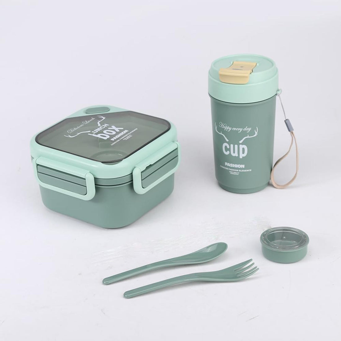 Kids Sports Lunch Box and Water Bottle Combo Set, BPA Free, Leakproof Food Grade PP with Chutney Box, Spoon, Fork, and Dividers - Durable and Portable 1120ml + 70ml for School & Travel (Green)