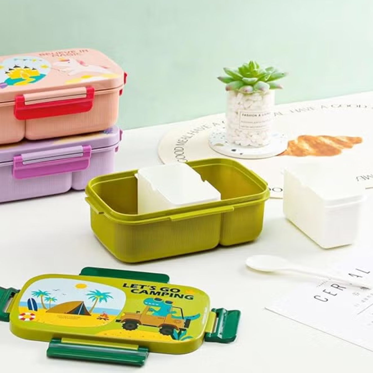 Mobcos Kids Space Lunch Box and Water Bottle Combo Set - 1800ml Leakproof 3-Compartment Lunchbox with Spoon, BPA-Free Food Grade Plastic, 500ml Spillproof Water Bottle for School (Green) MOBCOS