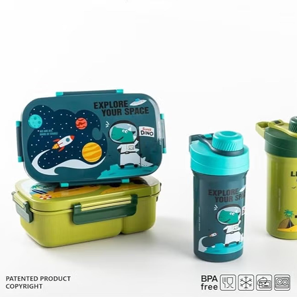 Mobcos Kids Space Lunch Box and Water Bottle Combo Set - 1800ml Leakproof 3-Compartment Lunchbox with Spoon, BPA-Free Food Grade Plastic, 500ml Spillproof Water Bottle for School (Green) MOBCOS