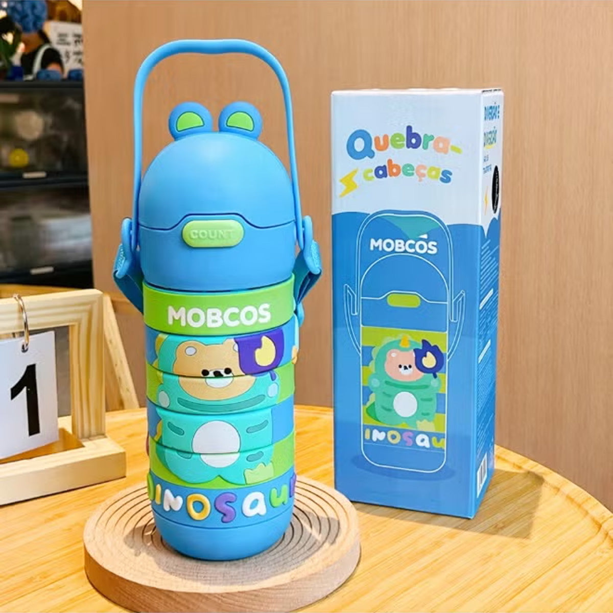 Stainless Steel Kids Puzzle Swirl Water Bottle with Straw & Strap Double Wall Vacuum Insulated Educational, Fun and Learning Water Bottle for Kids, Girls and Boys Leak Proof 430ml (Blue) MOBCOS
