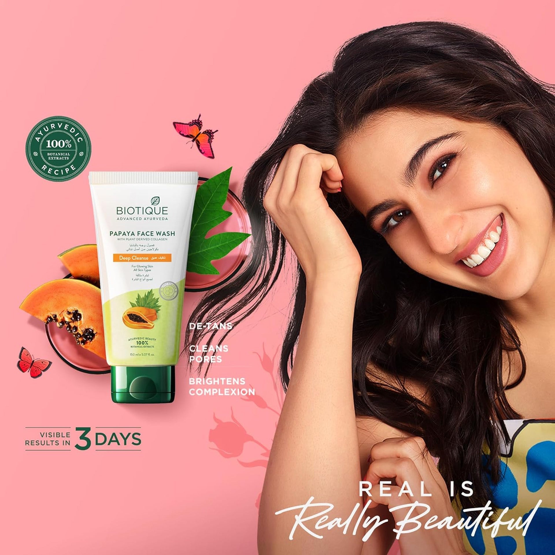 Biotique PAPAYA FACE WASH WITH PLANT DERIVED COLLAGEN Deep Cleanse For Glowing Skin All Skin Types-150ml Biotique