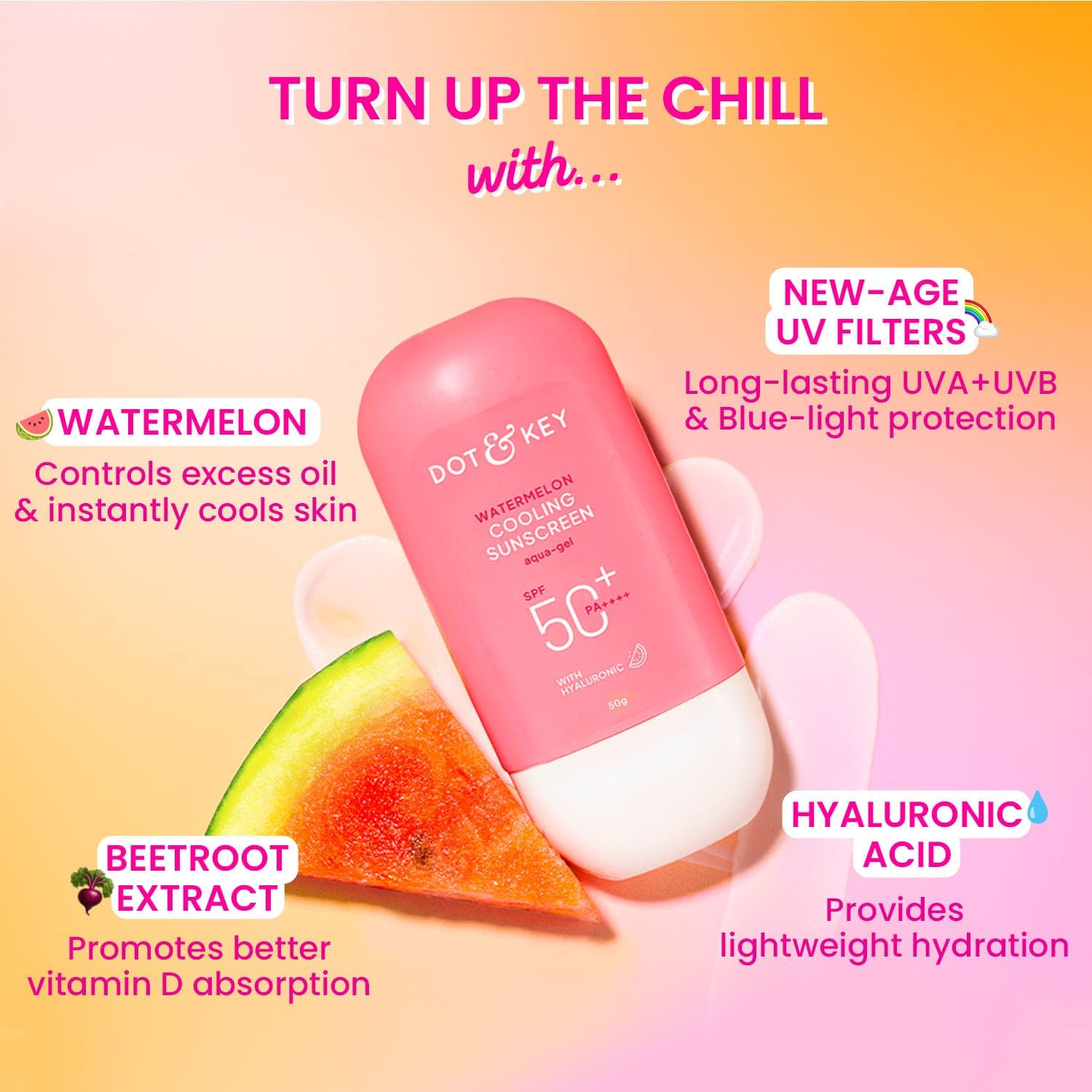 Dot & Key Watermelon Hyaluronic Cooling Sunscreen SPF 50 PA+++|for Moisturized Skin| UV + Blue Light Protection| Lightweight | No White Cast | Boosts Vitamin D Absorption I Quick Absorbing | 50g DOT & KEY