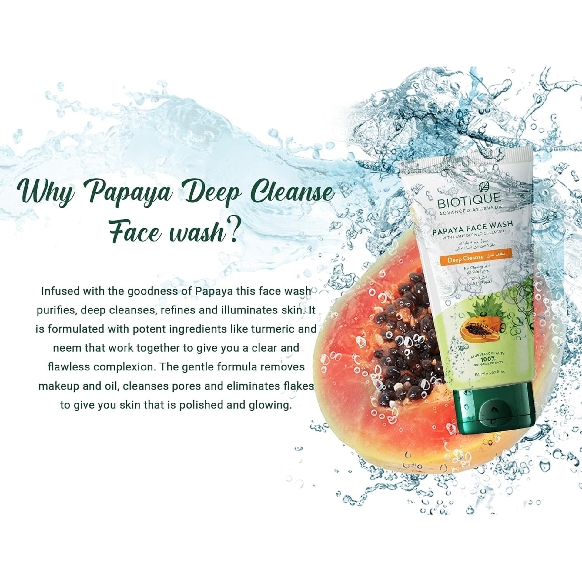 Biotique PAPAYA FACE WASH WITH PLANT DERIVED COLLAGEN Deep Cleanse For Glowing Skin All Skin Types-150ml Biotique