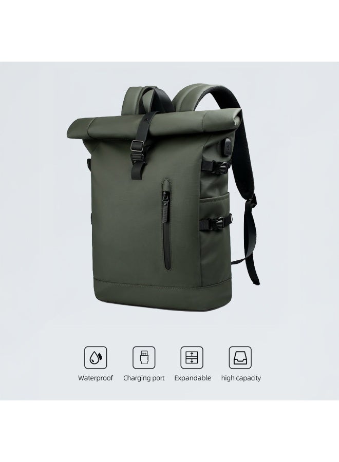 Mobcos Travel Big Back Pack Black 8448 Expandable Waterproof Roll-Top Laptop Backpack with USB Charging Port Ð Anti-Theft Travel Backpack for Men & Women, Durable Oxford Material, 18LÐ27L Expandable Capacity, Business & Outdoor Daypack