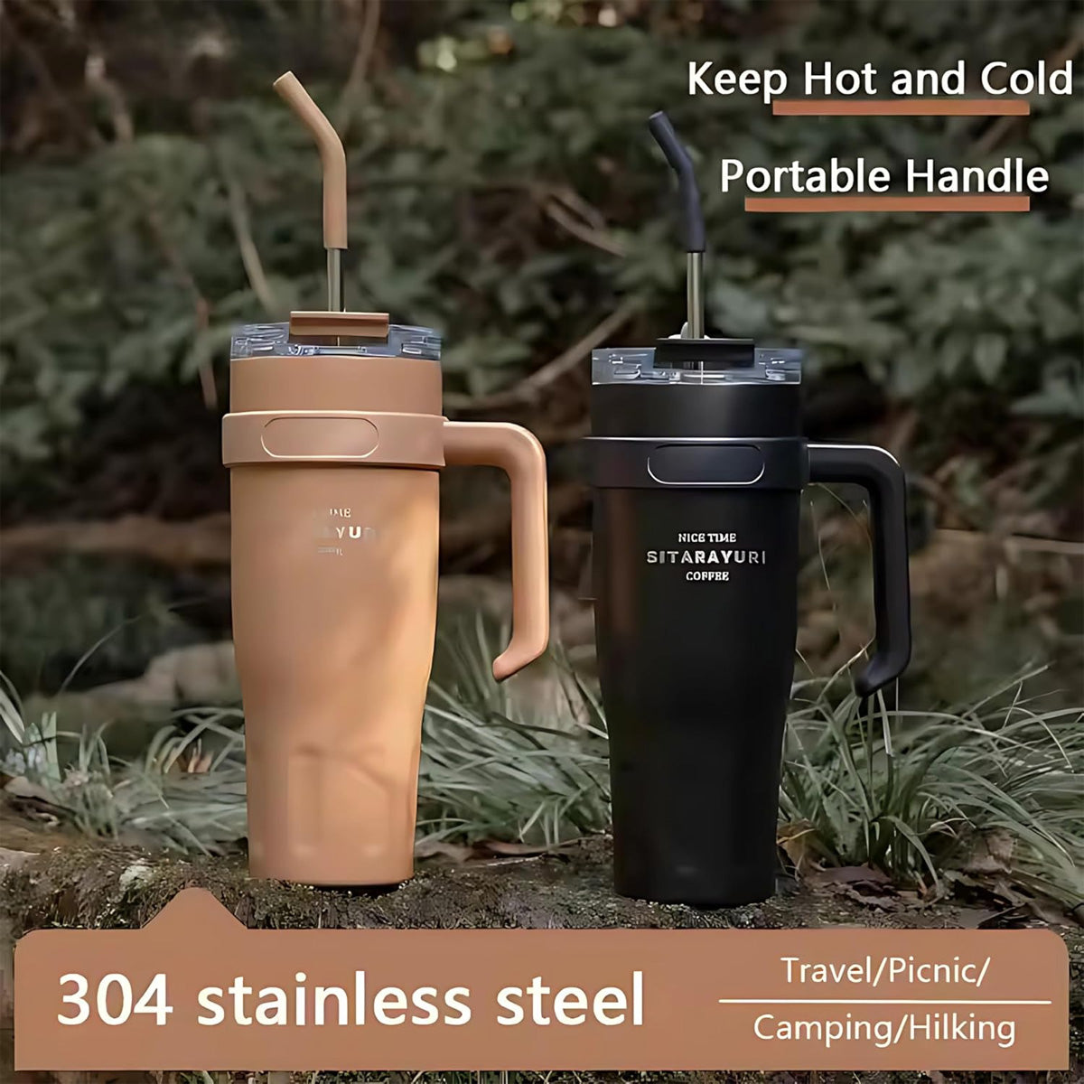 Mobcos 40oz Stainless Steel Tumbler with Handle – Leakproof, Insulated Travel Mug with Lid & Straw – Reusable Double-Wall Vacuum Cup for Hot & Cold Drinks (Black) MOBCOS
