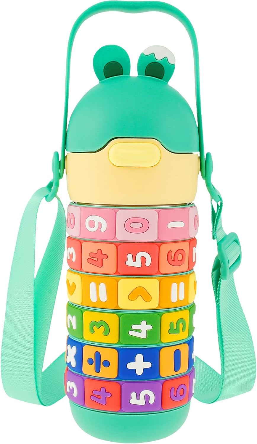 Mobcos Kids Math's Learning Water Bottle - Stainless Steel, Vacuum Insulated, Leak Proof with Straw &amp; Strap, BPA Free and Portable 430ml