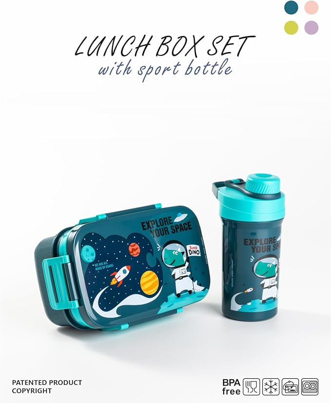 Mobcos Kids Space Lunch Box and Water Bottle Combo Set - 1800ml Leakproof 3-Compartment Lunchbox with Spoon, BPA-Free Food Grade Plastic, 500ml Spillproof Water Bottle for School (Blue)