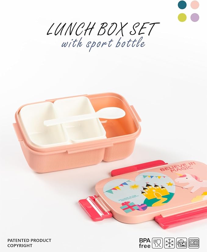 Mobcos Cartoon Students Lunch Box with Water Bottle Set Adults Double Layer Work Lunch Box with Fork 1800ml and Drink Cup 500ml (Peach)