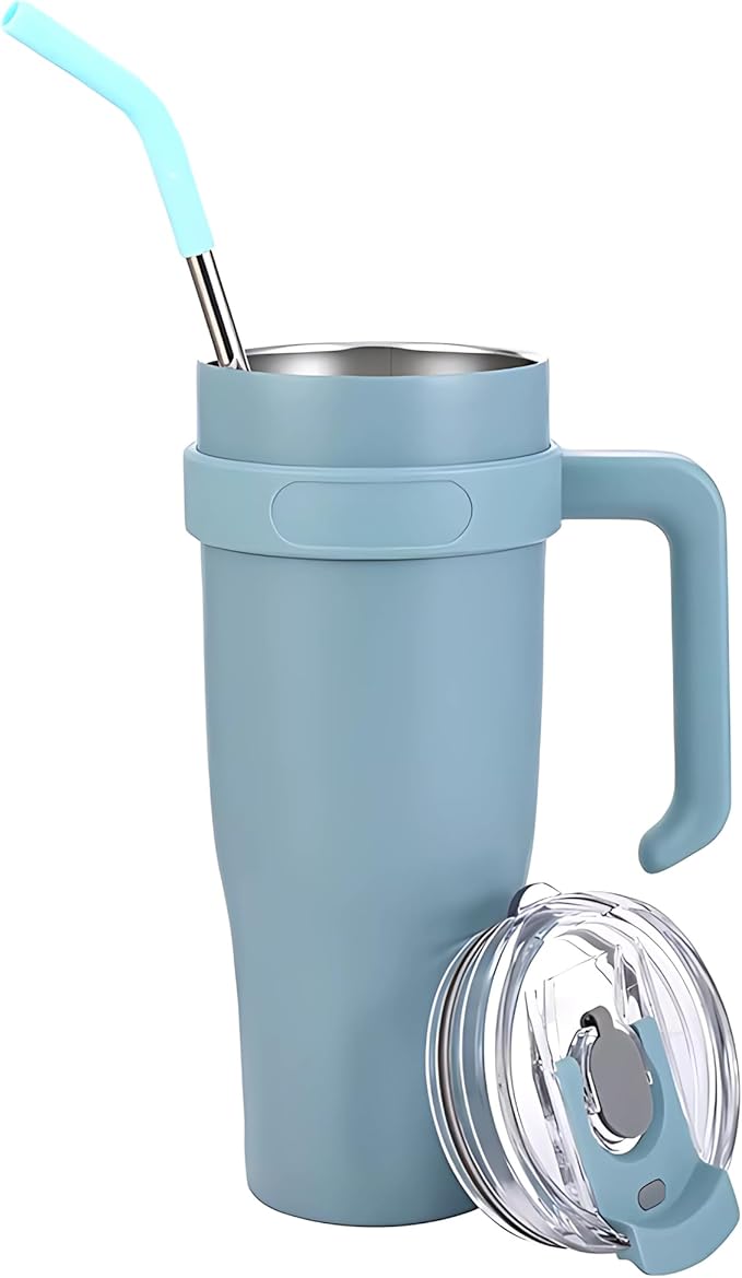 Mobcos 40oz Stainless Steel Tumbler with Handle – Leakproof, Insulated Travel Mug with Lid & Straw – Reusable Double-Wall Vacuum Cup for Hot & Cold Drinks (Blue)
