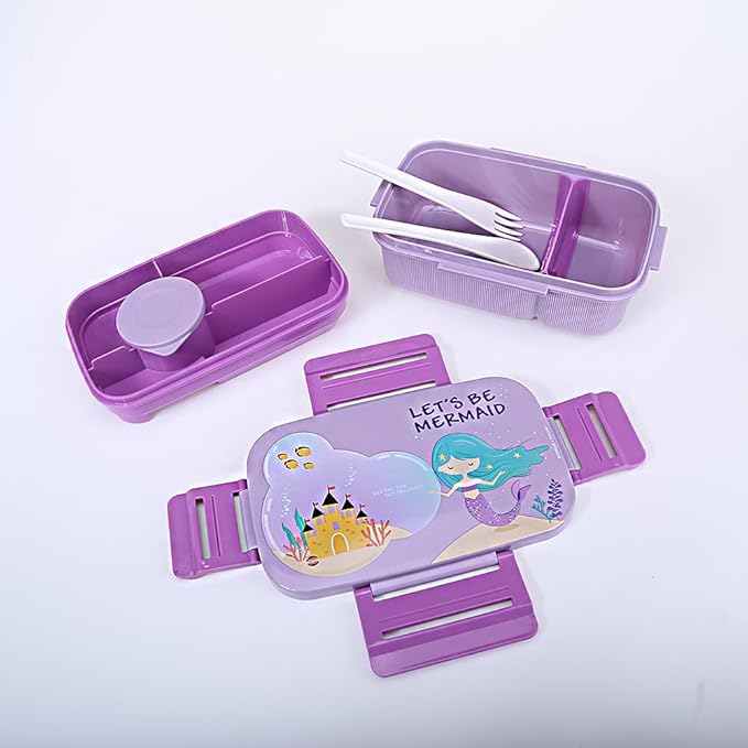 Mobcos Cartoon Students Lunch Box with Water Bottle Set Adults Double Layer Work Lunch Box with Fork 1800ml and Drink Cup 500ml (Purple)