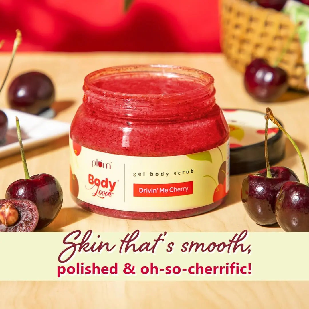 Plum BodyLovin' Body Scrub Drivin' Me Cherry Gel Body Scrub Skin Brightening Tan Removal Sulphate & Paraben Free (200 g) Plum