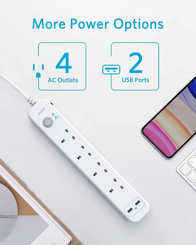 Anker Extension Lead with 2 USB Ports and 4 Wall Outlets - Power Strip with USB Charging and Surge Protection for Home, Office, and More ANKER