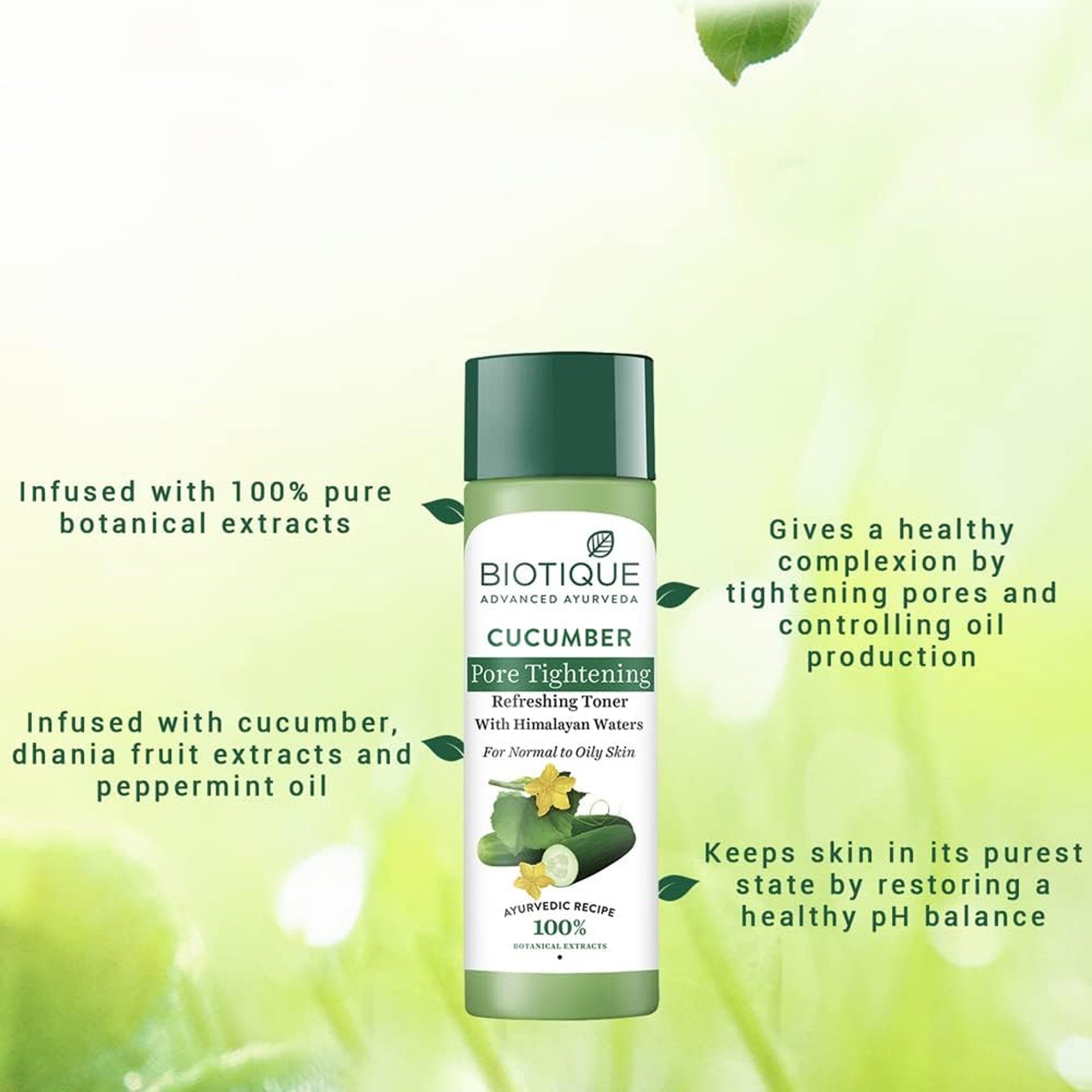 Biotique Bio Cucumber Pore Tightening Toner with Himalayan Waters for Normal to Oily skin, 120 ml/ 4.06Fl.Oz. Biotique