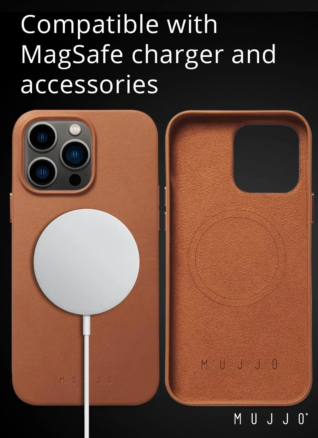 Mujjo Leather Phone Case - Fits iPhone 14 Pro Max - MagSafe Compatible - Premium European Leather - Enhanced Phone & Camera Lens Protection - Dark Tan MUJJO