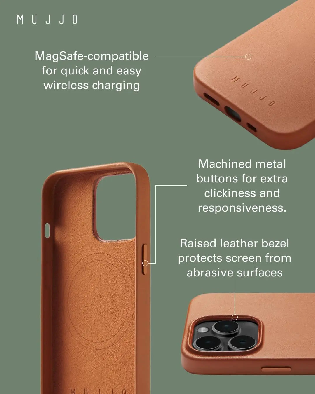 Mujjo Leather Phone Case - Fits iPhone 14 Pro Max - MagSafe Compatible - Premium European Leather - Enhanced Phone & Camera Lens Protection - Dark Tan MUJJO